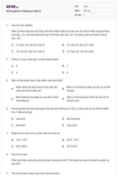 Đề thi giữa kì 2 Sinh học 6 (Đề 2)