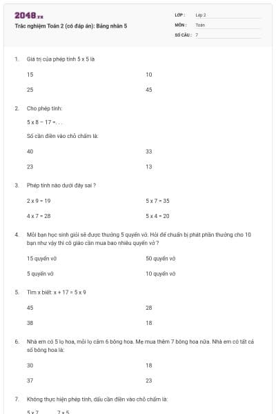 Trắc nghiệm Toán 2 (có đáp án): Bảng nhân 5