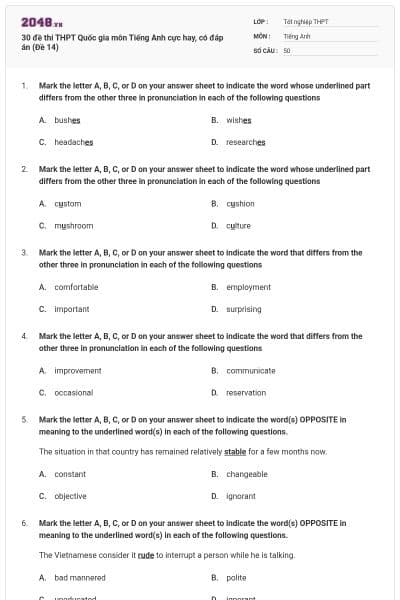 30 đề thi THPT Quốc gia môn Tiếng Anh cực hay, có đáp án (Đề 14)
