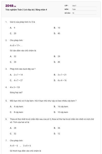 Trắc nghiệm Toán 2 (có đáp án): Bảng nhân 4