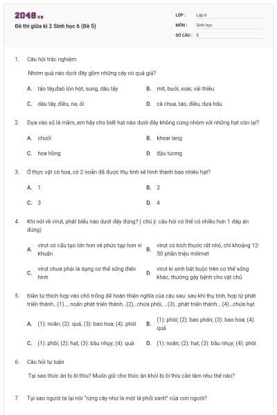 Đề thi giữa kì 2 Sinh học 6 (Đề 5)