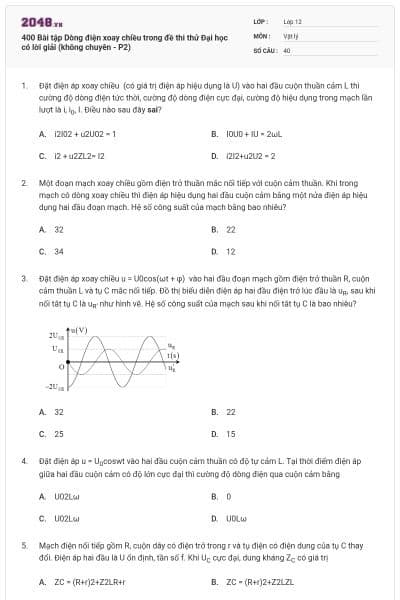 400 Bài tập Dòng điện xoay chiều trong đề thi thử Đại học có lời giải (không chuyên - P2)