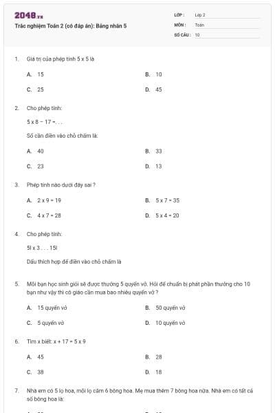 Trắc nghiệm Toán 2 (có đáp án): Bảng nhân 5
