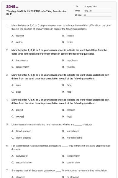 Tổng hợp bộ đề thi thử THPTQG môn Tiếng Anh các năm Đề 11