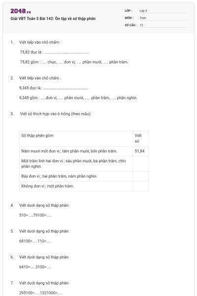 Giải VBT Toán 5 Bài 142: Ôn tập về số thập phân