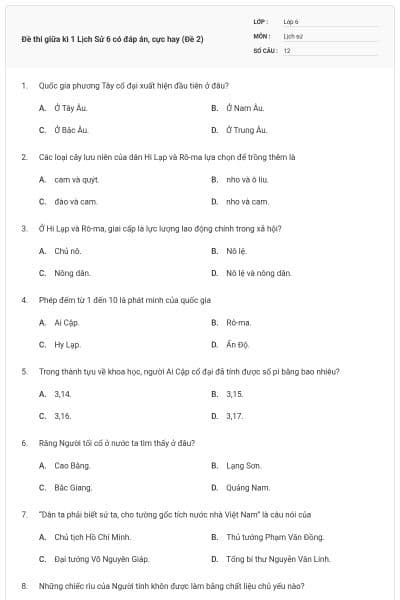 Đề thi giữa kì 1 Lịch Sử 6 có đáp án, cực hay (Đề 2)