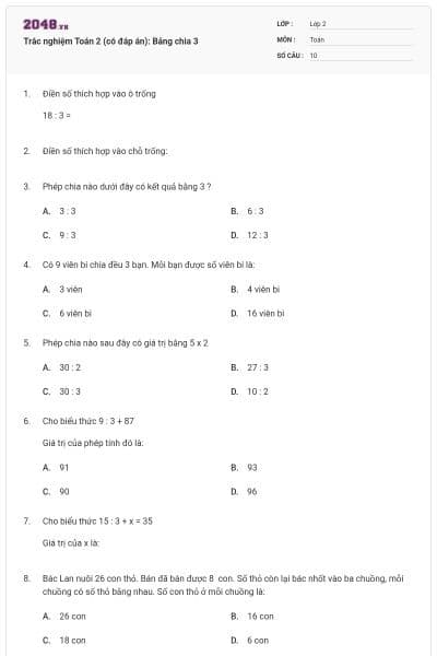 Trắc nghiệm Toán 2 (có đáp án): Bảng chia 3