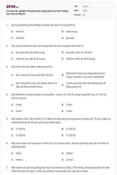 22 câu trắc nghiệm Phương trình trạng thái của khí lí tưởng cực hay có đáp án