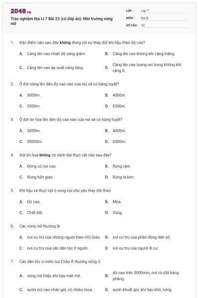 Trắc nghiệm Địa Lí 7 Bài 23 (có đáp án): Môi trường vùng núi