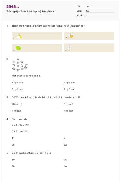 Trắc nghiệm Toán 2 (có đáp án):  Một phần tư