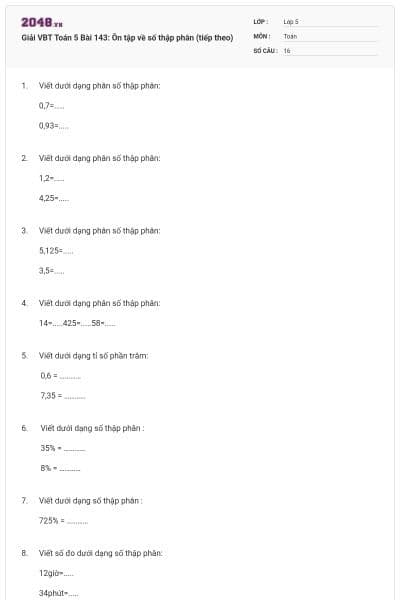Giải VBT Toán 5 Bài 143: Ôn tập về số thập phân (tiếp theo)