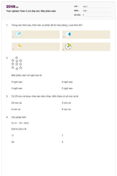 Trắc nghiệm Toán 2 (có đáp án): Một phần năm