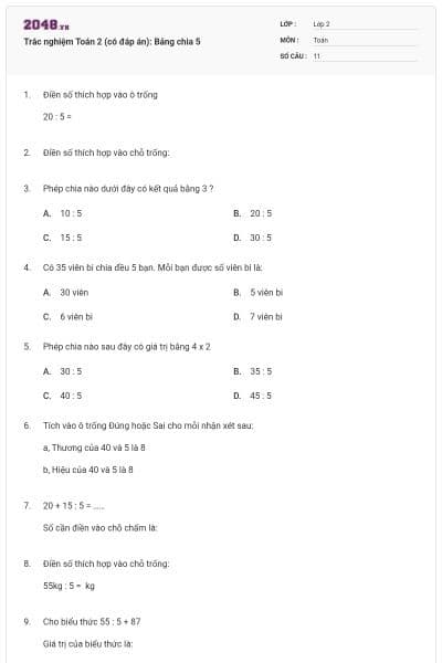 Trắc nghiệm Toán 2 (có đáp án): Bảng chia 5