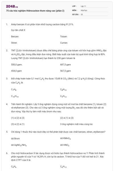 75 câu trắc nghiệm Hidrocacbon thơm nâng cao (phần 2)