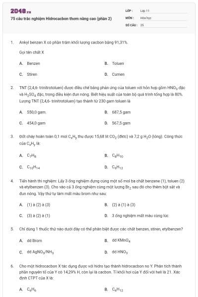 75 câu trắc nghiệm Hidrocacbon thơm nâng cao (phần 2)