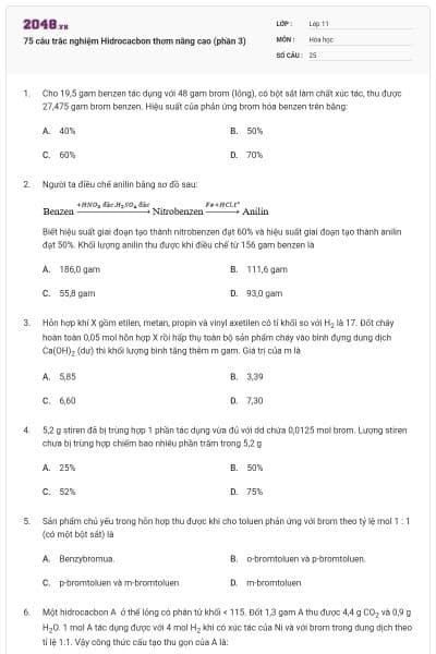 75 câu trắc nghiệm Hidrocacbon thơm nâng cao (phần 3)
