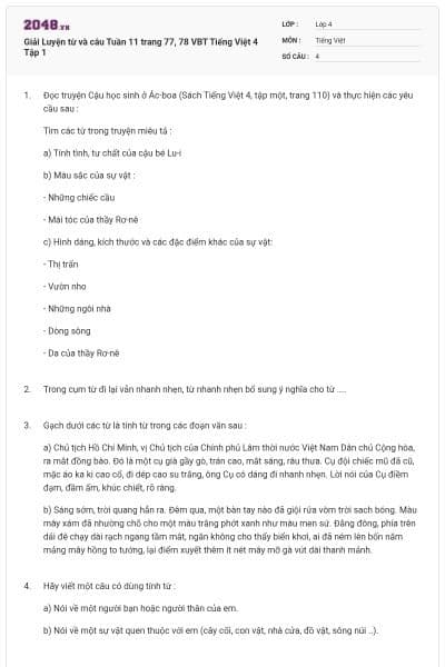 Giải Luyện từ và câu Tuần 11 trang 77, 78 VBT Tiếng Việt 4 Tập 1