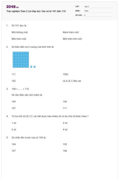 Trắc nghiệm Toán 2 (có đáp án): Các số từ 101 đến 110
