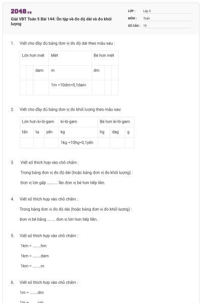 Giải VBT Toán 5 Bài 144: Ôn tập về đo độ dài và đo khối lượng