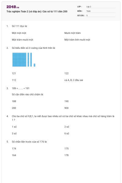 Trắc nghiệm Toán 2 (có đáp án): Các số từ 111 đến 200