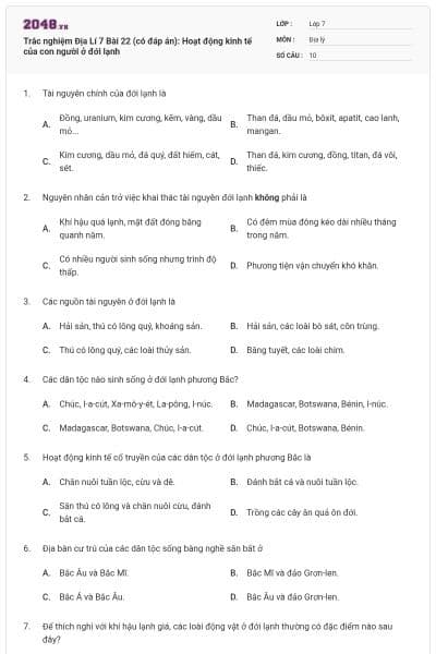 Trắc nghiệm Địa Lí 7 Bài 22 (có đáp án): Hoạt động kinh tế của con người ở đới lạnh