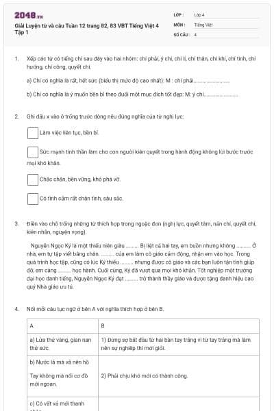 Giải Luyện từ và câu Tuần 12 trang 82, 83 VBT Tiếng Việt 4 Tập 1