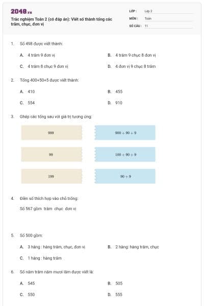 Trắc nghiệm Toán 2 (có đáp án): Viết số thành tổng các trăm, chục, đơn vị