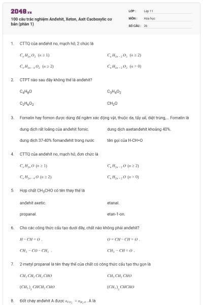 100 câu trắc nghiệm Anđehit, Xeton, Axit Cacboxylic cơ bản (phần 1)