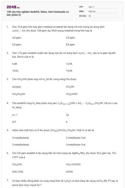 100 câu trắc nghiệm Anđehit, Xeton, Axit Cacboxylic cơ bản (phần 2)