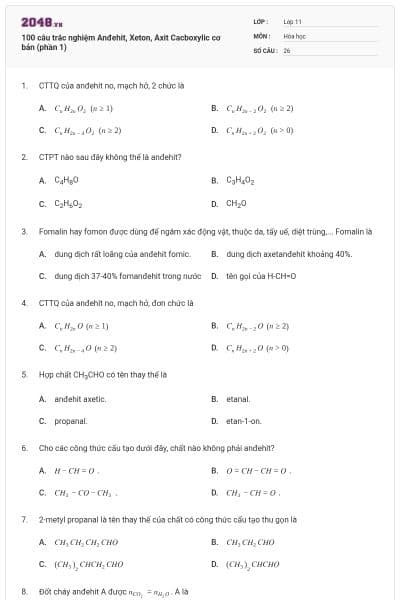 100 câu trắc nghiệm Anđehit, Xeton, Axit Cacboxylic cơ bản (phần 1)