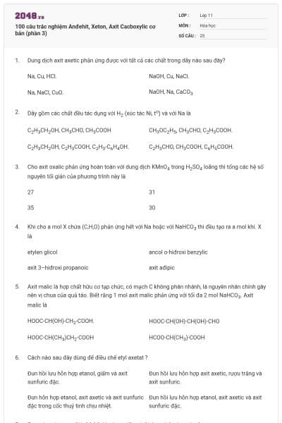 100 câu trắc nghiệm Anđehit, Xeton, Axit Cacboxylic cơ bản (phần 3)