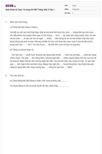 Giải Chính tả Tuần 14 trang 95 VBT Tiếng Việt 4 Tập 1