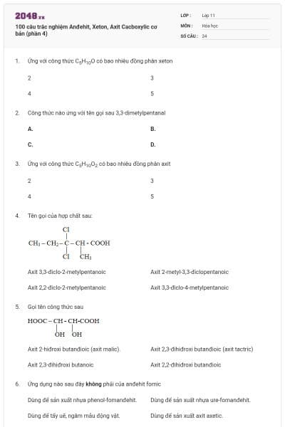 100 câu trắc nghiệm Anđehit, Xeton, Axit Cacboxylic cơ bản (phần 4)