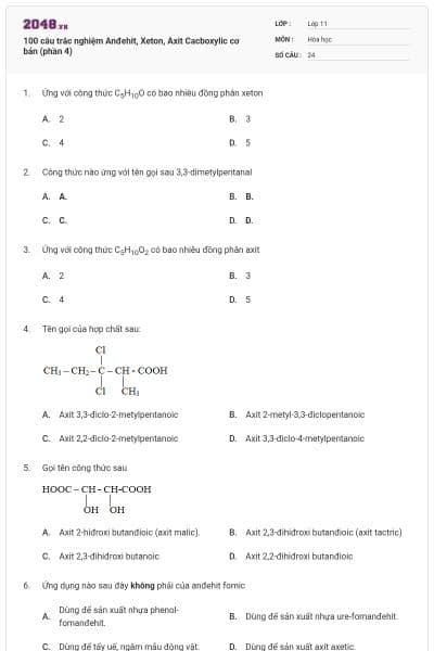 100 câu trắc nghiệm Anđehit, Xeton, Axit Cacboxylic cơ bản (phần 4)