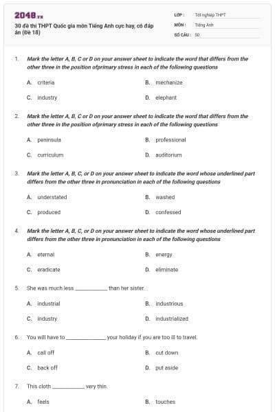 30 đề thi THPT Quốc gia môn Tiếng Anh cực hay, có đáp án (Đề 18)