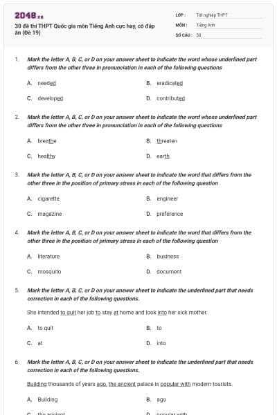 30 đề thi THPT Quốc gia môn Tiếng Anh cực hay, có đáp án (Đề 19)