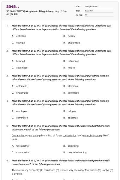 30 đề thi THPT Quốc gia môn Tiếng Anh cực hay, có đáp án (Đề 20)