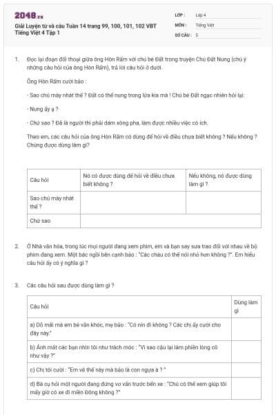 Giải Luyện từ và câu Tuần 14 trang 99, 100, 101, 102 VBT Tiếng Việt 4 Tập 1