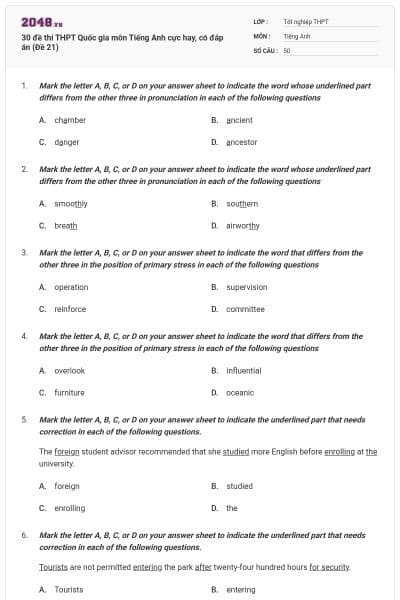 30 đề thi THPT Quốc gia môn Tiếng Anh cực hay, có đáp án (Đề 21)