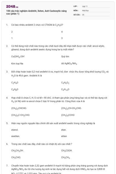 100 câu trắc nghiệm Anđehit, Xeton, Axit Cacboxylic nâng cao (phần 1)
