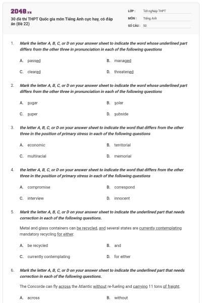 30 đề thi THPT Quốc gia môn Tiếng Anh cực hay, có đáp án (Đề 22)