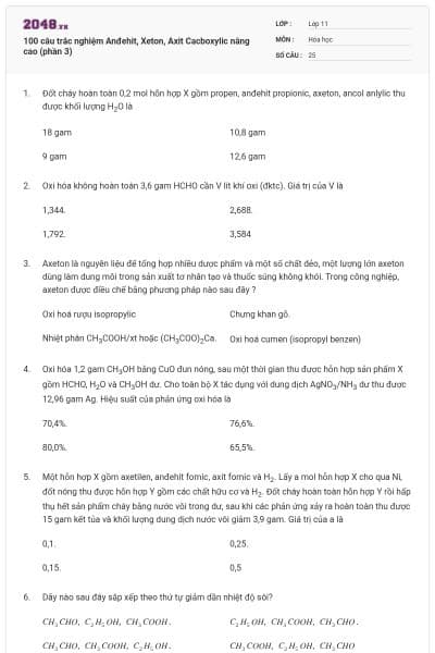 100 câu trắc nghiệm Anđehit, Xeton, Axit Cacboxylic nâng cao (phần 3)