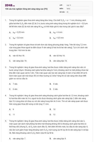 100 câu trắc nghiệm Sóng ánh sáng nâng cao (P3)