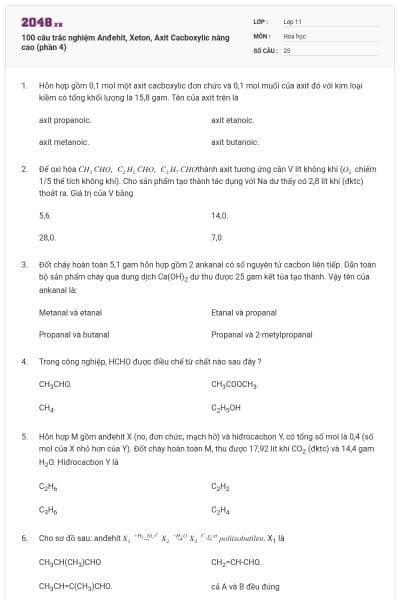 100 câu trắc nghiệm Anđehit, Xeton, Axit Cacboxylic nâng cao (phần 4)