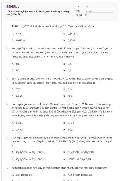 100 câu trắc nghiệm Anđehit, Xeton, Axit Cacboxylic nâng cao (phần 2)