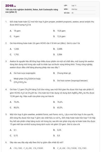 100 câu trắc nghiệm Anđehit, Xeton, Axit Cacboxylic nâng cao (phần 3)