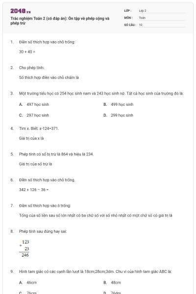 Trắc nghiệm Toán 2 (có đáp án): Ôn tập về phép cộng và phép trừ