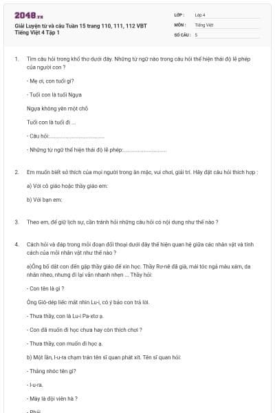 Giải Luyện từ và câu Tuần 15 trang 110, 111, 112 VBT Tiếng Việt 4 Tập 1