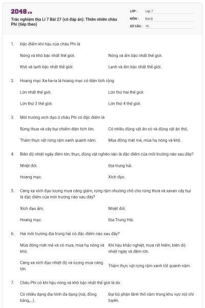 Trắc nghiệm Địa Lí 7 Bài 27 (có đáp án): Thiên nhiên châu Phi (tiếp theo)