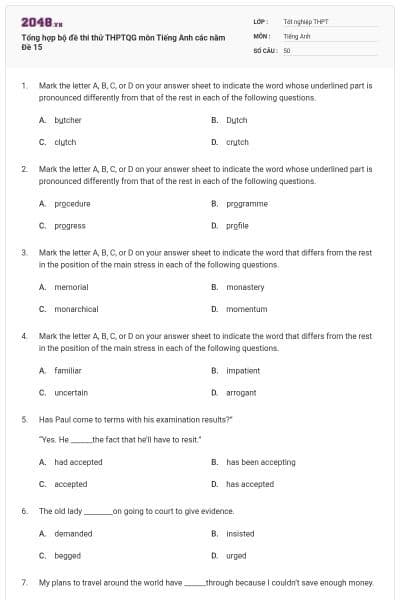 Tổng hợp bộ đề thi thử THPTQG môn Tiếng Anh các năm Đề 15